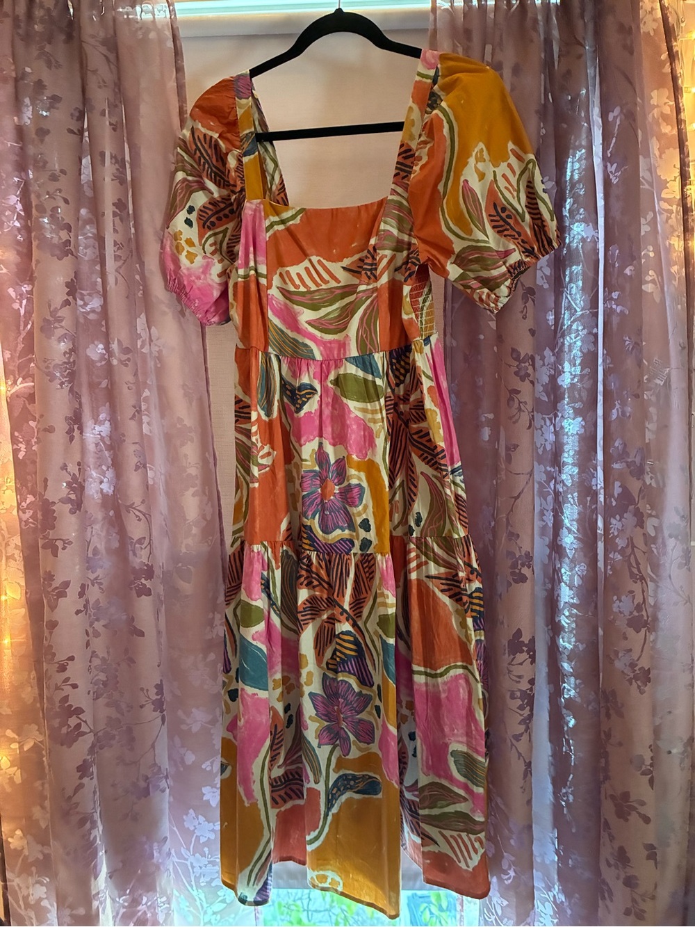 Floral Puff-Sleeve Midi Dress in Pink & Mustard - No Brand